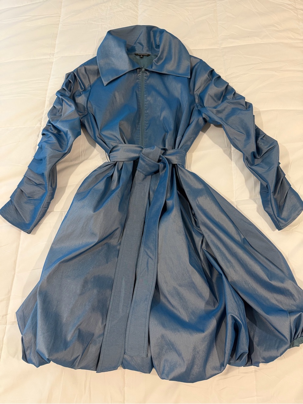 Samuel Dong Shiny Blue Bubble Jacket w/ Belt and Ruched Sleeves XL